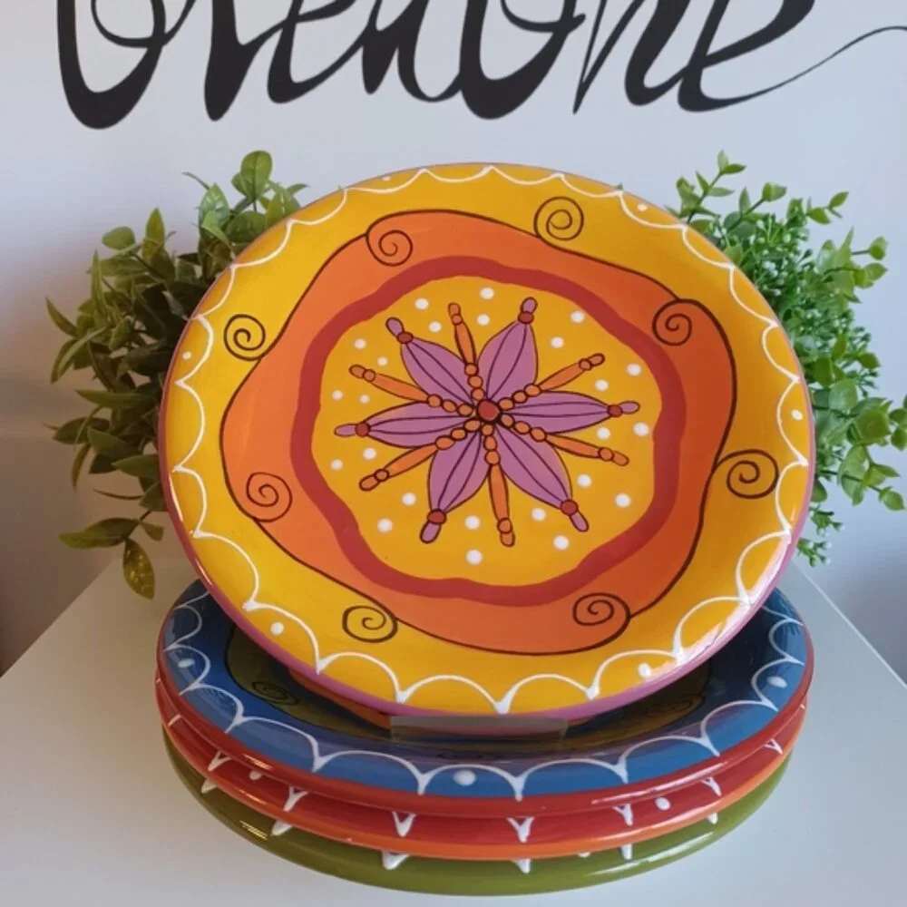 Pier 1 Hand-Painted Ironstone Salad Plate Set | 4 Piece | 8.25” Diameter